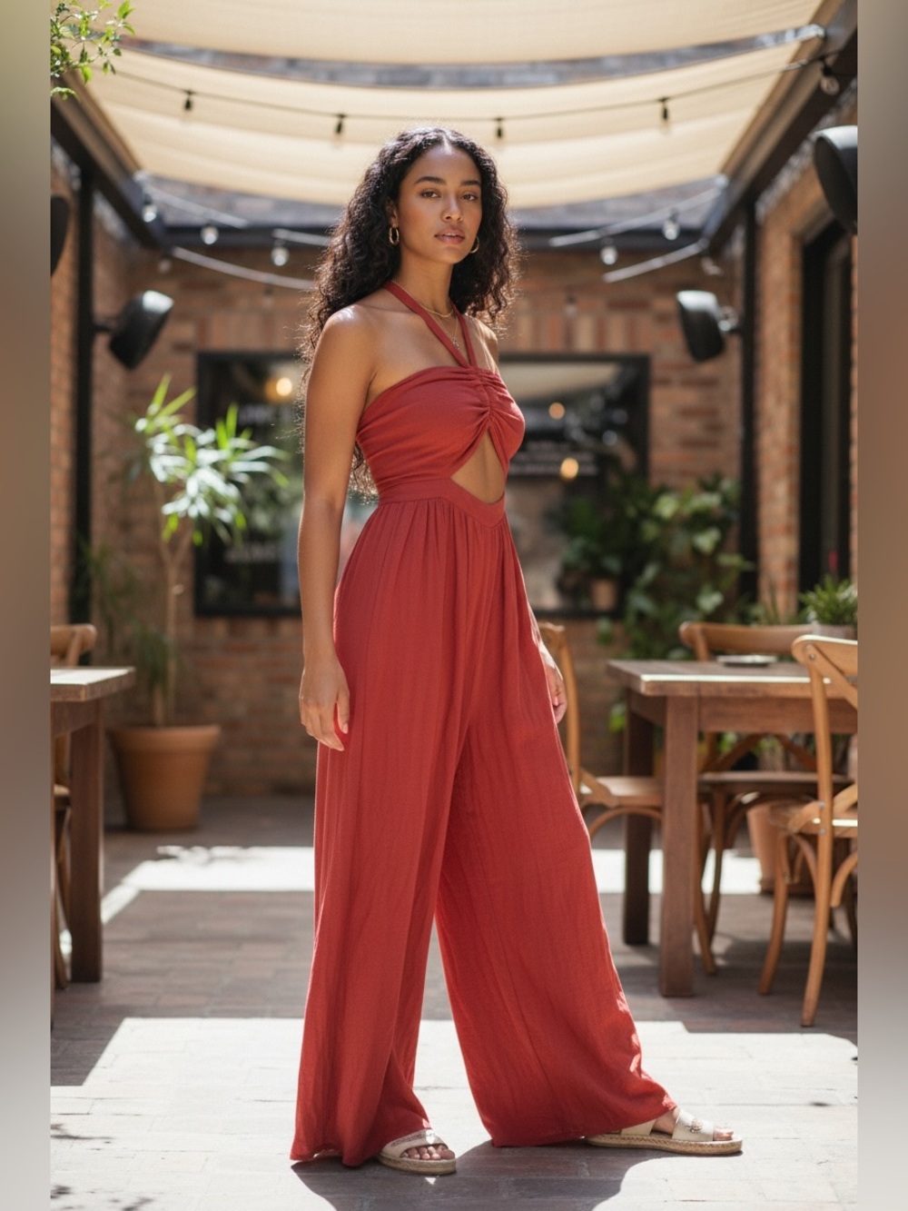 Miou Muse Rust Orange Halter Cutout Open Back Wide Leg Jumpsuit